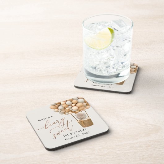 Dessous-de-verre Ours mignon, Ballons Beiges, Premier Anniversaire (Côté Droit)