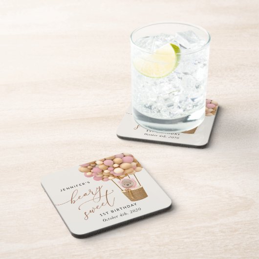 Dessous-de-verre Ours mignon, Ballons roses, Premier Anniversaire (Côté Droit)