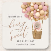 Dessous-de-verre Ours mignon, Ballons roses, Premier Anniversaire (Devant)