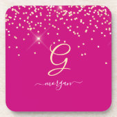 Dessous-de-verre Paillettes dorées & Monogramme Nom en écriture bla (Devant)