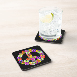 Dessous-de-verre Panneau de paix Floral sur noir
