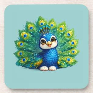 Dessous-de-verre Paon mignon avec grand yeux dessin d'oiseau Kawaii