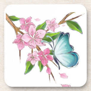 Dessous-de-verre Papillon aquarelle et fleurs