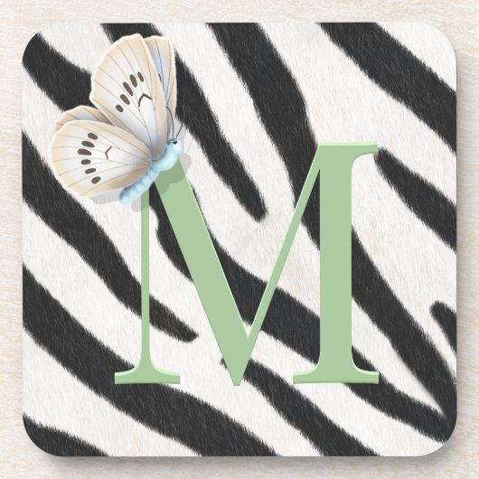 Dessous-de-verre Papillon bleu et fourrure zébrée Monogramme vert p (Devant)