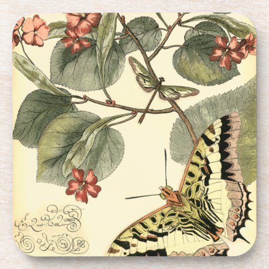 Dessous-de-verre Papillon et libellule à fleurs rouges (Devant)