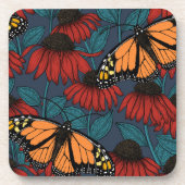 Dessous-de-verre Papillon monarque sur des fleurs rouges (Devant)