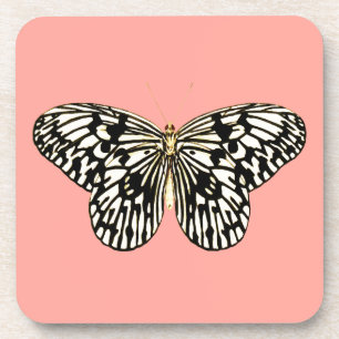 Dessous-de-verre Papillon noir et blanc, arrière - plan corail rose