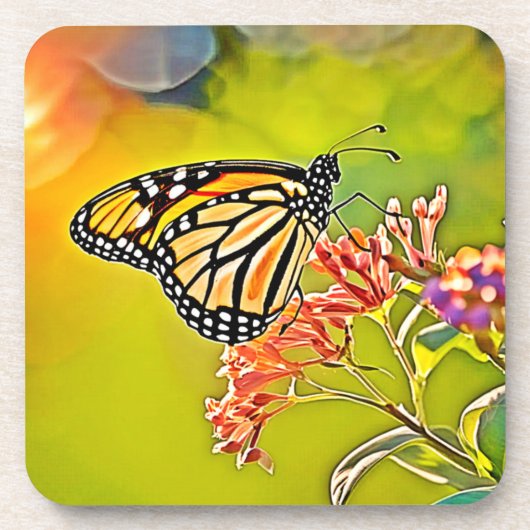 Dessous-de-verre Papillon orange sur la conception de fleurs roses (Devant)