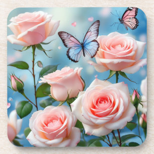 Dessous-de-verre Papillon Sur Fleur Rose