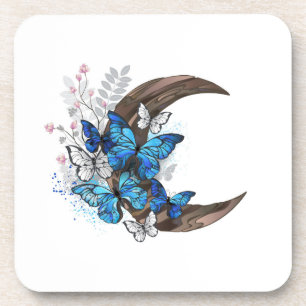 Dessous-de-verre Papillons bleus sur croissant en bois