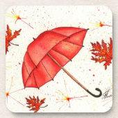 Dessous-de-verre Parapluie rouge vif et aquarelle feuille rouge (Devant)