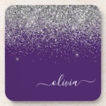 Dessous-de-verre Parties scintillant d'argent violet Girl Nom du mo<br><div class="desc">Parties scintillant violet et argent Script Monogramme Nom Dessous de verre papier. Cela fait le cadeau parfait de remise de diplômes,  anniversaire,  mariage,  douche nuptiale,  anniversaire,  baby shower ou bachelorette pour quelqu'un qui aime le luxe glam et les styles chic.</div>