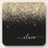 Dessous-de-verre Parties scintillant Noir Or Script Monogramme Nom  (Devant)