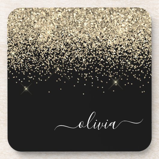 Dessous-de-verre Parties scintillant Noir Or Script Monogramme Nom (Devant)