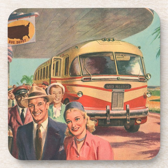 Dessous-de-verre Passagers vintages en vacances au dépôt de bus (Devant)