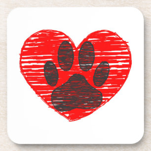Dessous-de-verre Paw Chien Croquis Dans Le Coeur Rouge