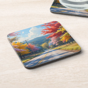 Dessous-de-verre Paysage à l'aquarelle de route de campagne automna