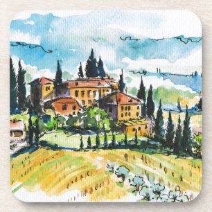 Dessous-de-verre Paysage avec des arbres de ville et de cyprès