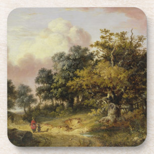 Dessous-de-verre Paysage boisé avec la femme et l'enfant marchant