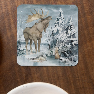 Dessous-de-verre Paysage hivernal Aquarelle Moose