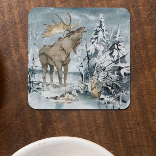 Dessous-de-verre Paysage hivernal Aquarelle Moose