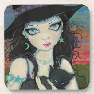 Dessous-de-verre Peekaboo Witch and Cat Halloween Fantasy Art