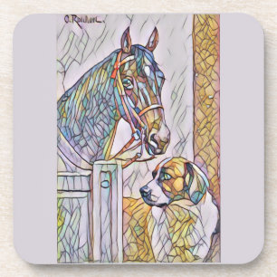 Dessous-de-verre peinture classique de cheval et de chien en verre