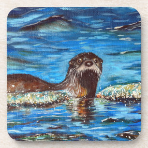 Dessous-de-verre Peinture de loutre dans les vagues 