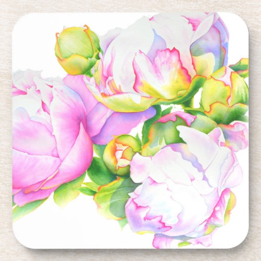 Dessous-de-verre Peonis, rose, blanc, aquarelle peinture florale (Devant)