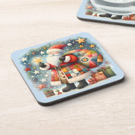 Dessous-de-verre Père Noël en patchwork matelassé avec des étoiles (Côté gauche)
