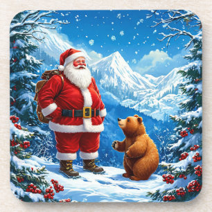 Dessous-de-verre Père Noël rencontre un ours amical dans la montagn