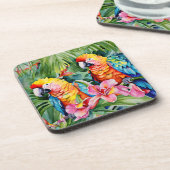 Dessous-de-verre Perroquets verts, rouges, bleus et fleurs tropical (Côté gauche)