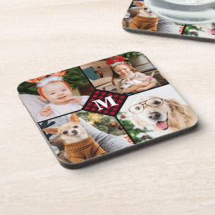 Dessous-de-verre Personnalisé 4 Photo Monogramme Rouge Buffalo Plai