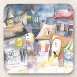 Dessous-de-verre Petite ville la nuit