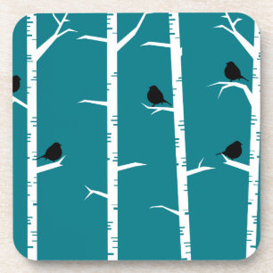 Dessous-de-verre Petits oiseaux noirs et bouleaux blancs