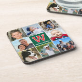 Dessous-de-verre Photo Collage Famille Monogrammé Rouge Vert (Côté gauche)