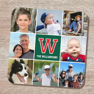 Dessous-de-verre Photo Collage Famille Monogrammé Rouge Vert