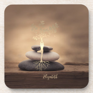 Dessous-de-verre Pierres Zen Thérapeute, Silhouette d'Arbre en Or M