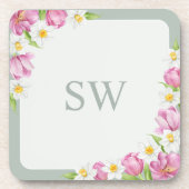 Dessous-de-verre Pink Tulips Spring Flowers Monogram Coasters (Devant)