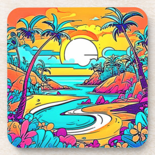 Dessous-de-verre Plage de coucher de soleil tropicale animée