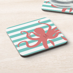 Dessous-de-verre Plage moderne de pieuvre rouge blanc rayé turquois