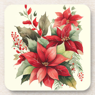 Dessous-de-verre Poinsettia Holly Berry Rouge Blanc Fleur Noël