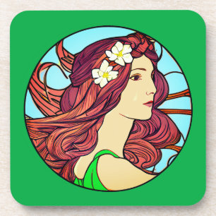 Dessous-de-verre Portrait Art Nouveau d'une femme sur Emerald Green
