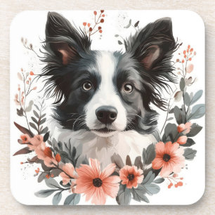 Dessous-de-verre Portrait de Border Collie avec cadre floral