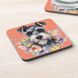 Dessous-de-verre Portrait mignon Schnauzer avec fleurs