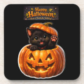 Dessous-de-verre Pumpkin peeking kitty whimsical happy Halloween (Devant)