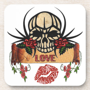 Dessous-de-verre RAB Rockabilly Crâne Roses Amour Rouge à lèvres