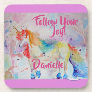 Dessous-de-verre Rainbow Unicorn Aquarelle rose Nom Dessous de verr