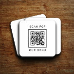 Dessous-de-verre Rechercher notre menu Code QR personnalisé et logo<br><div class="desc">Un carré moderne et minimaliste en plastique noir et blanc avec une couverture en liège et un design créé pour un restaurant ou un bar, vous propose votre code QR personnalisé qui guidera les clients à "Recherche notre menu". Le dos de la carte comprend un logo de l'entreprise et du...</div>