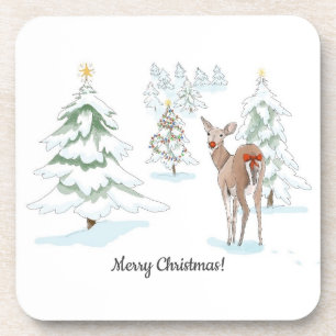 Dessous-de-verre Red Nose Deer dans les vacances en bois neigeux